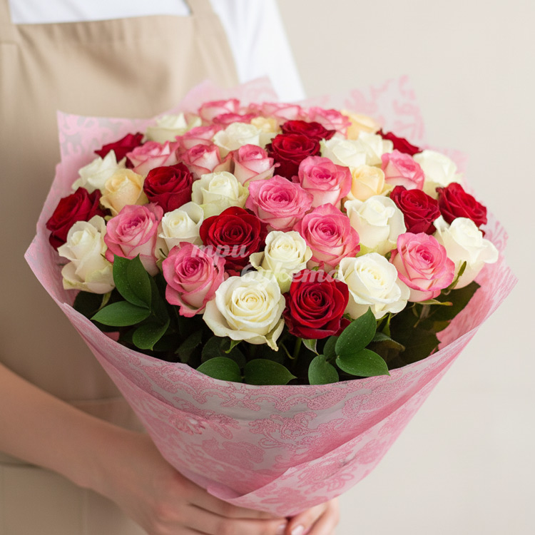 Букет из 51 разноцветной розы